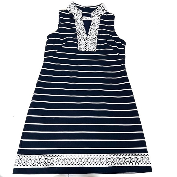 Eliza J striped a-line lace trim navy dark blue dress - Picture 1 of 10